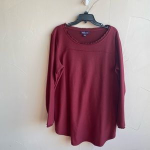 NWOT ROMANS MAROON LONG SLEEVE TUNIC RUFFLES AROUND NECK & WRISTS SIZE L 18/20